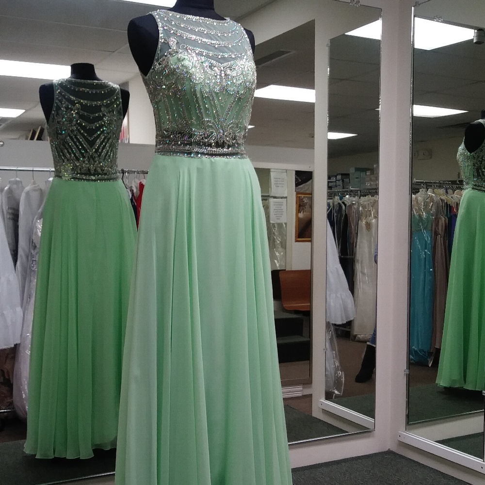 Angela & Alison Light Spring Green Gown